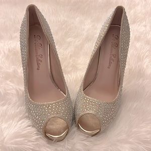 Crystal Studded Platform Stilettos, Gold, Size 10